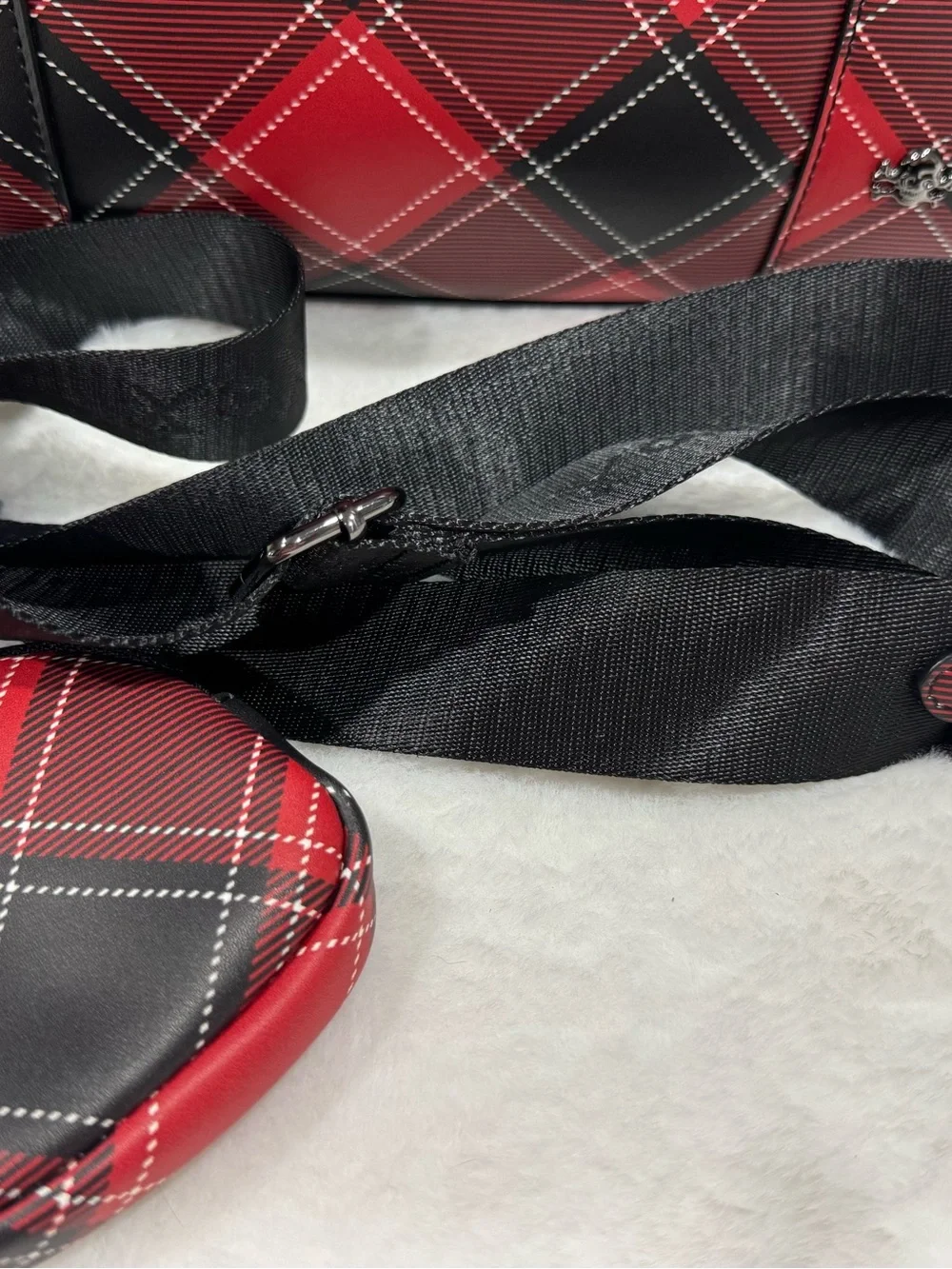 Betsey Johnson Red Plaid Tote Bag with Skull Accent and Black Fur Charm